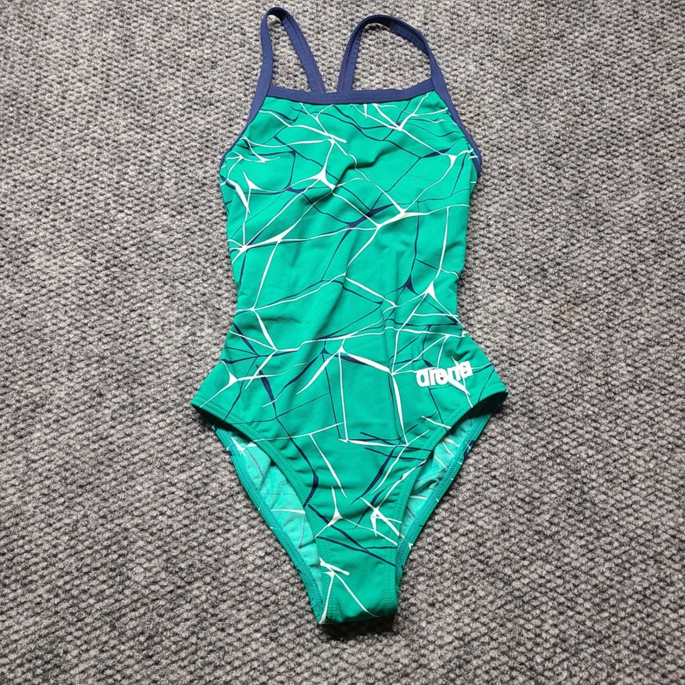 Arena Kids Green Geometric One Piece Swimsuit Size 26 Navy Straps Cutout Back